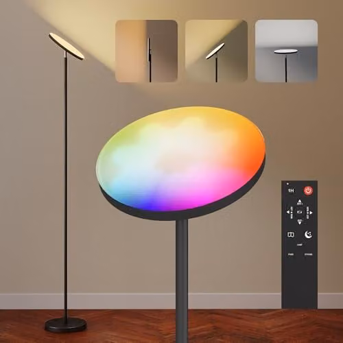 HOMCOM RGB Uplighter Floor Lamp in Black, Dimmable LED Standing Lamp with Remote and Touch Control, Height: 177 cm