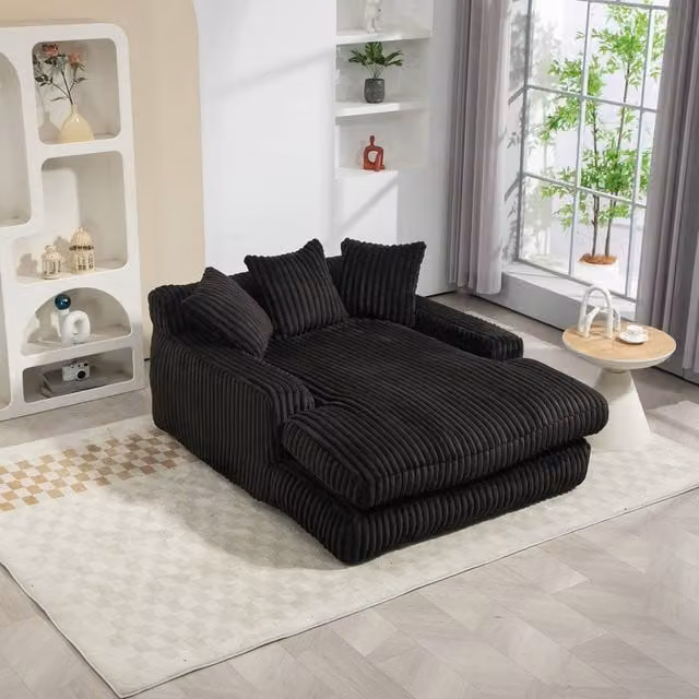 Direct Wicker Modern Oversized Upholstered Chaise Lounge Sofa with 2 Scatter Cushions in Black