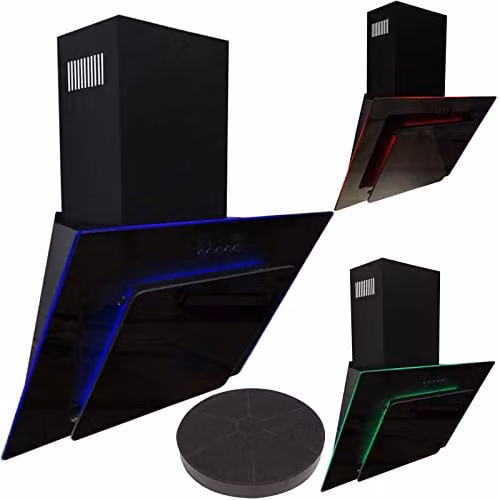 SIA AGE71BL Black Glass Angled Chimney Cooker Hood Extractor Fan with LED Mood Lighting and Carbon Filter, Width: 70 cm