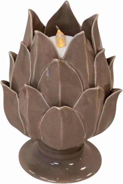 Four Candle Taupe Glazed Artichoke Ceramic Tealight Candle Holder in Brown