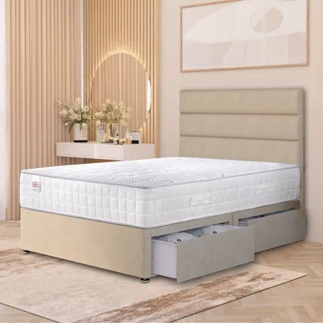 Horizona Tweed Divan Bed Set with Pocket Spring Mattress and Floor Standing Headboard in Natural Beige and Yellow, W/D/H: 120 x 200 cm