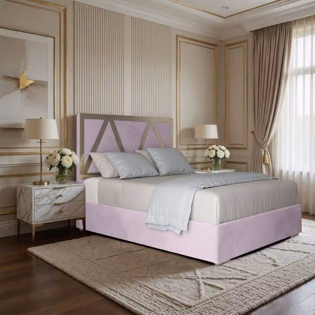 KDMD Exbourne Upholstered Soft Velvet Pink Metal Designer Bed Frame, W/D/H: 140 x 200 cm
