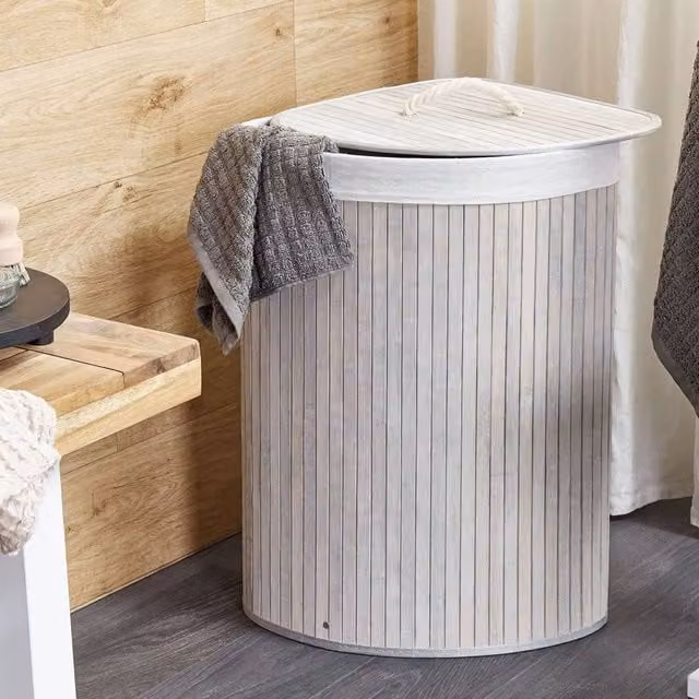 Wyld and Coco Bamboo Corner Storage Basket with Lid and Removable Bag in Grey