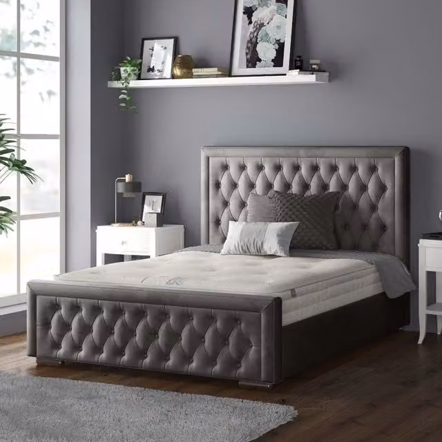 IH Design Sandringham Chesterfield Upholstered Velvet Bed Frame in Grey, W: 200 cm