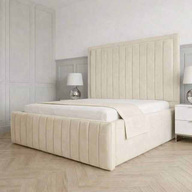 Living Comfort Bedz Sovereign Plush Velvet Upholstered Bed with Slatted Base and 48 Inch Headboard in Cream, Small Double