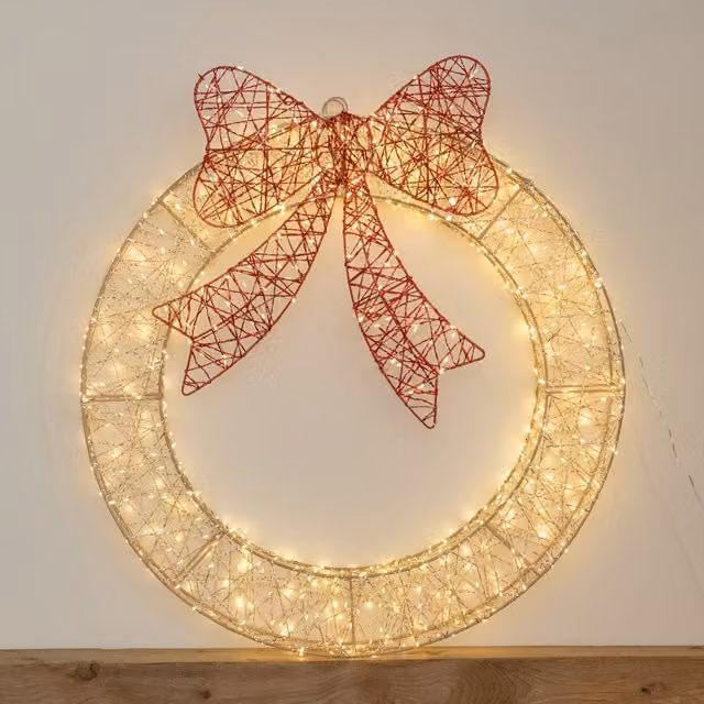 Samuel Alexander 70cm Christmas Wreath with 750 Warm White LEDs, Timer and Red Bow in Gold/Brass