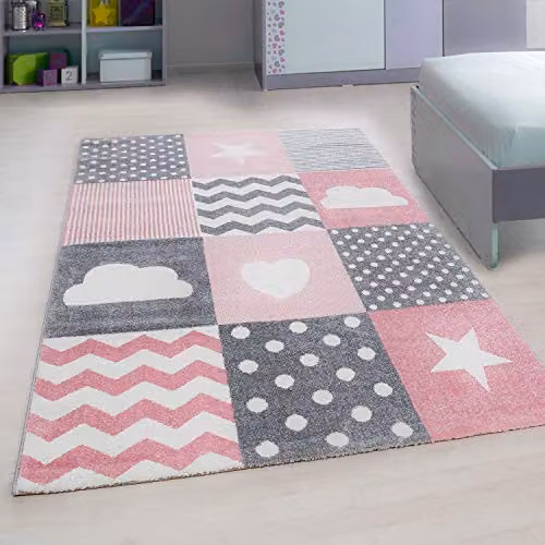 Bravich Checked Pink Kids Rug for Childrens Nursery and Bedrooms, W: 160 cm, L: 230 cm