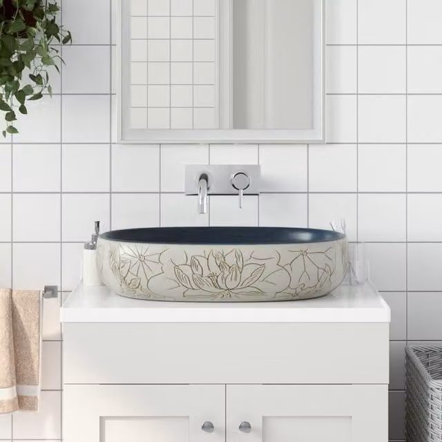 Berkfield Home Oval Ceramic Countertop Basin in Sand and Blue, W: 59 cm, D: 40 cm, H: 14 cm