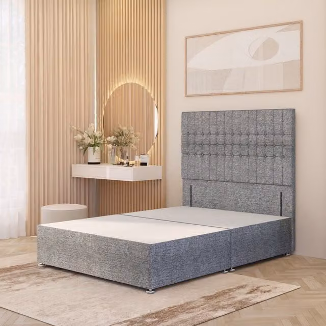 Somnior Beds Ltd Lexington Super King Divan Bed Base with 54 inch Floor Standing Headboard in Grey Tweed Fabric, W/D/H: 200 x 200 cm