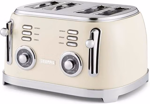 Geepas Retrovive 4-Slice Toaster 1500W with 6 Browning Levels, Defrost, Reheat and Cancel functions in Beige