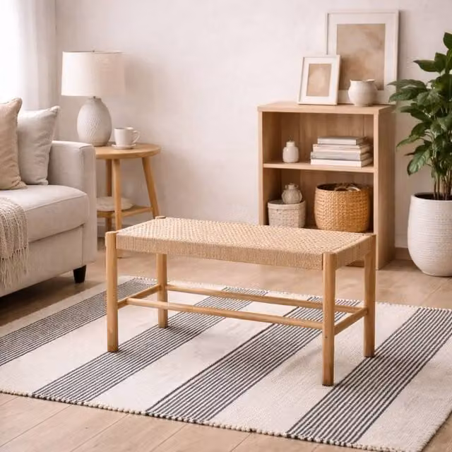 Wyld Haus Tilst Natural Woven Paper Cord Bench with Pine Legs in Beige