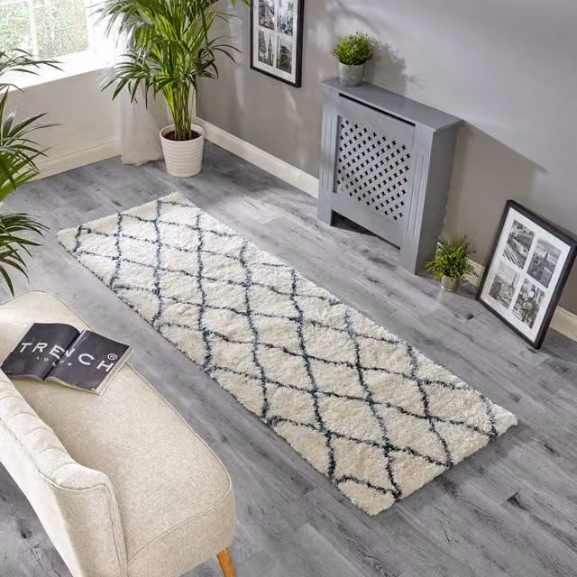 Asiatic Carpets Alto AL03 Moroccan Berber Shaggy Area Rug, Ivory and Blue, W: 150 cm, Pile Height: 50 mm