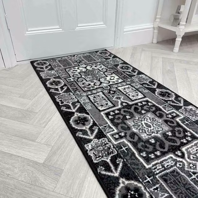 runrug Abstract Hallway Carpet Runner Rug in Black, W: 60 cm, L: 390 cm