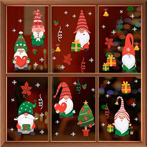 WALPLUS Christmas Gnomes and Snowflakes Window Stickers, 63-Piece Multicolour Reusable and Removable Set