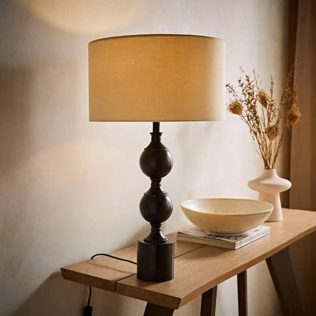 ValueLights Declan Candlestick Table Lamp with Fabric Drum Shade in Natural, Green or Beige