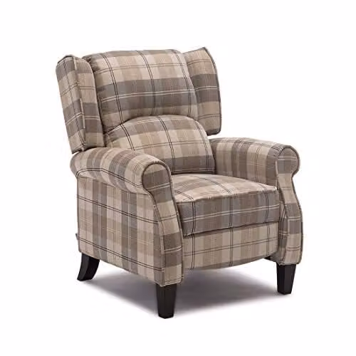 More4Homes Eaton Wing Back Fireside Check Fabric Pushback Recliner Armchair in Beige, W/D/H: 102.0 x 79.5 x 88.0 cm