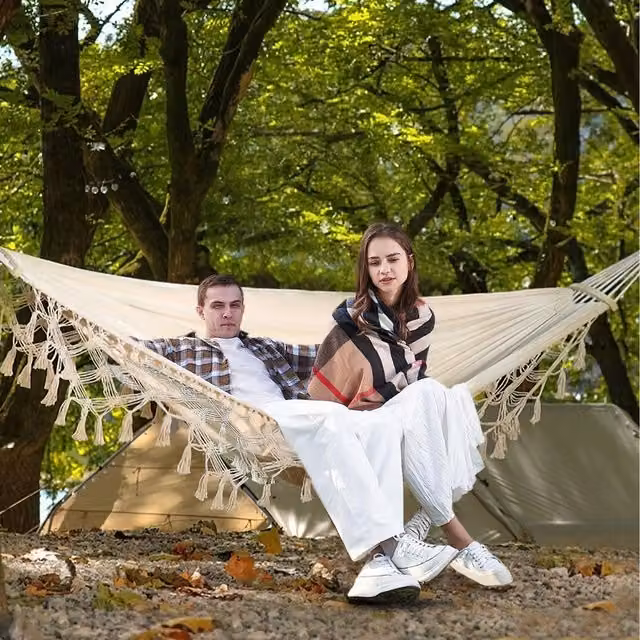 Lifeideas Boho Canvas Garden Hammock with Dual Horizontal Wood Spreader Bars in Beige and White