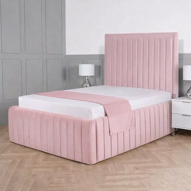 Living Comfort Bedz Saint Germain Plush Upholstered Bed with Slatted Base and 48 Inch Headboard in Pink, Small Double