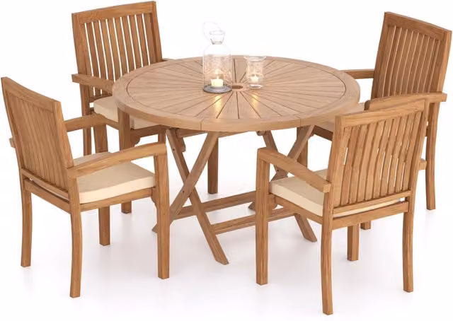 Eterna Modern Round Teak Garden Dining Table and 4 Chair Set, W/D/H: 120 x 120 x 120 cm