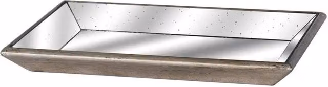 KDMD Astor Antique Silver Distressed Mirrored Rectangular Tray with Wooden Detailing