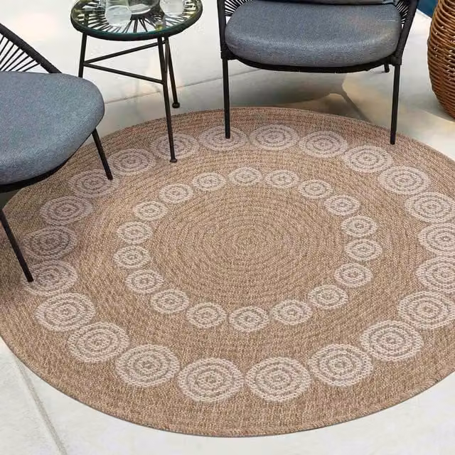 Desire Rugs Modern Harper Geometric Round Waterproof Indoor-Outdoor Rug in Beige and White