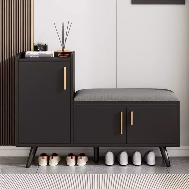 Rolipo Modern Black Shoe Bench with Cushion and Adjustable Storage, Width: 100 cm