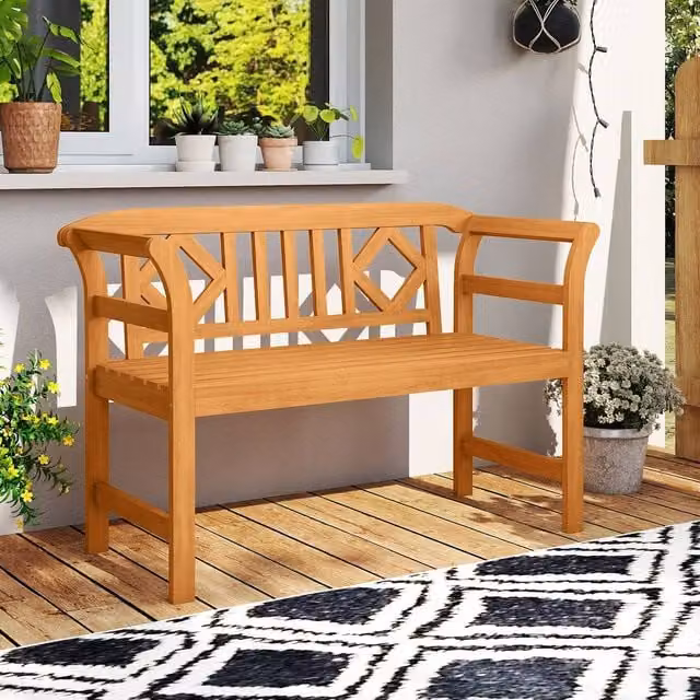 Costway Acacia Wood 2-Person Outdoor Patio Loveseat with Backrest and Armrests in Brown