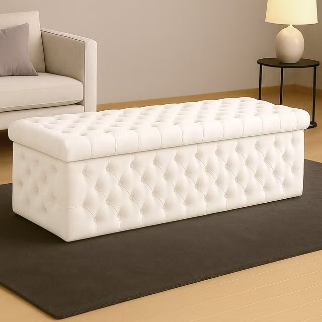 R&M Furnishers Wide Lux Chesterfield Ottoman Storage Box in White Plush Velvet