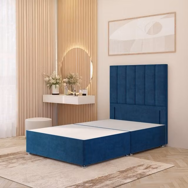 Somnior Beds Ltd Austin Velvet Divan Bed Base with Drawers and 54 inch Floor Standing Headboard, Blue, W/D/H: 90 x 190 x 137 cm
