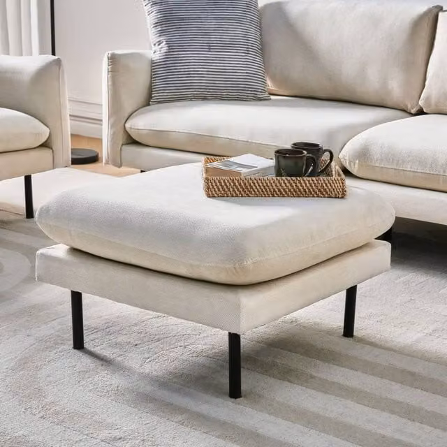 Wyld and Coco Beige Fabric Pillow-Top Ottoman Footstool with Aluminium Legs W/D/H: 70 x 44 x 44 cm