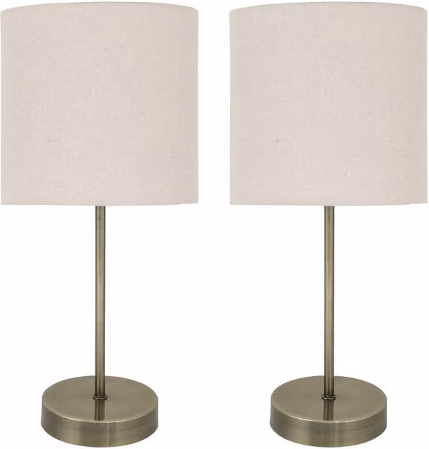 First Choice Lighting Set of 2 Bronze Stick Table Lamps with Beige Fabric Cylinder Shades