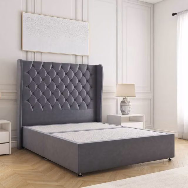 BSSPOKE Amelia Divan Bed Set with 54 inch Headboard in Charcoal Plush Velvet, Super King, W/D/H: 200 x 160 x 137 cm