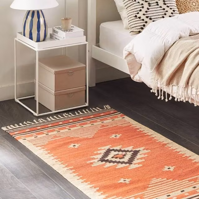 Wyld and Coco Multicolour Orange Kilim Cotton Rug, Reversible Geometric Flat Weave, W: 80 cm, L: 150 cm