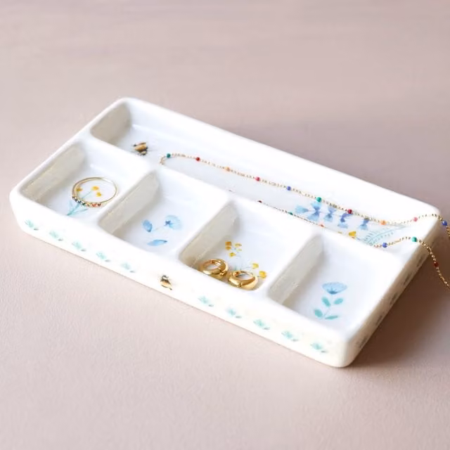Lisa Angel White Ceramic Rectangular Trinket Tray with Cornflower Blue and Yellow Floral Bee Design