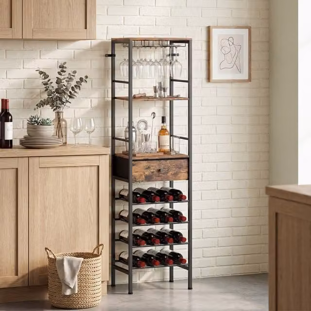 HOMCOM Rustic Brown Wine Bar Cabinet with 16-Bottle Wine Rack
