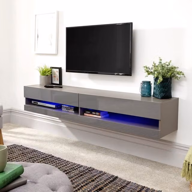 GFW Galicia Minimalist Wall Mounted Glossy Grey TV Unit with Integrated LED Lighting, 180cm