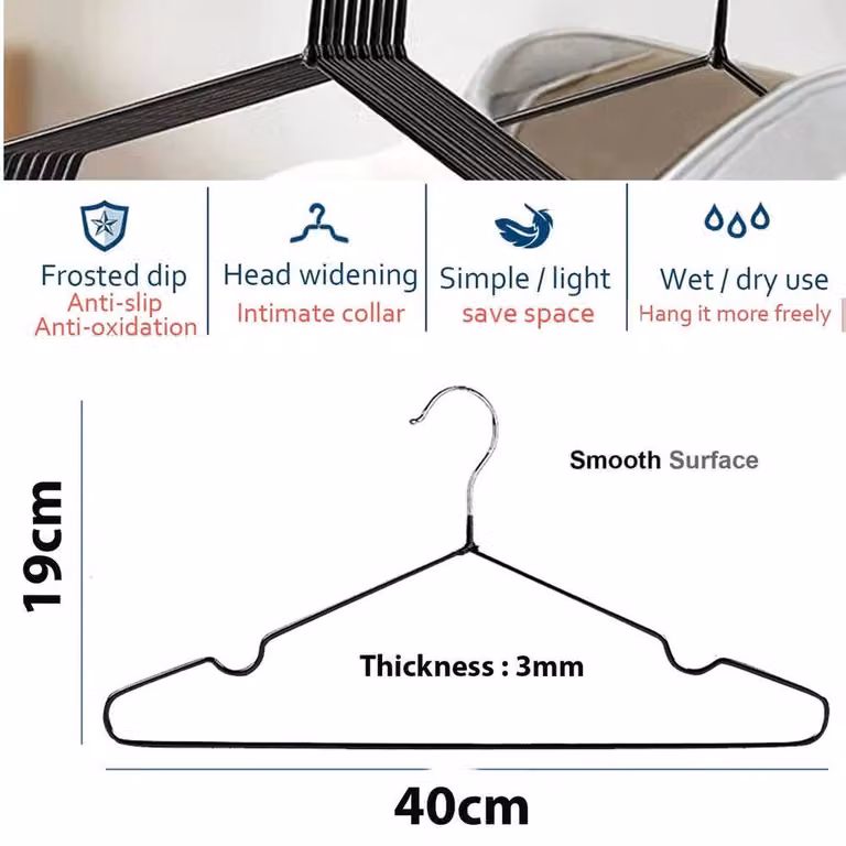FLAVORA 40 Pack Metal Coat and Trouser Hangers with Bar in Black, W: 100 cm, D: 15 cm