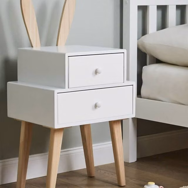 Wyld and Coco Bunny Ear Nightstand in White Finish with 2 Drawers