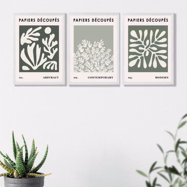 ARTZE Matisse Floral Set of 3 Botanical Wall Art Prints in Green and Sage with White Frames