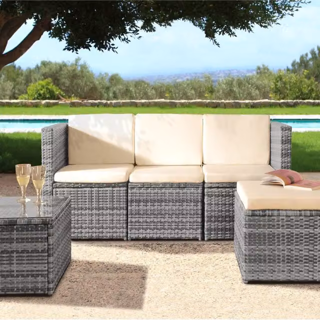 Comfy Living 3-Piece Grey Polyrattan Garden Patio Furniture Set with 3-Seater Sofa, Coffee Table and Ottoman