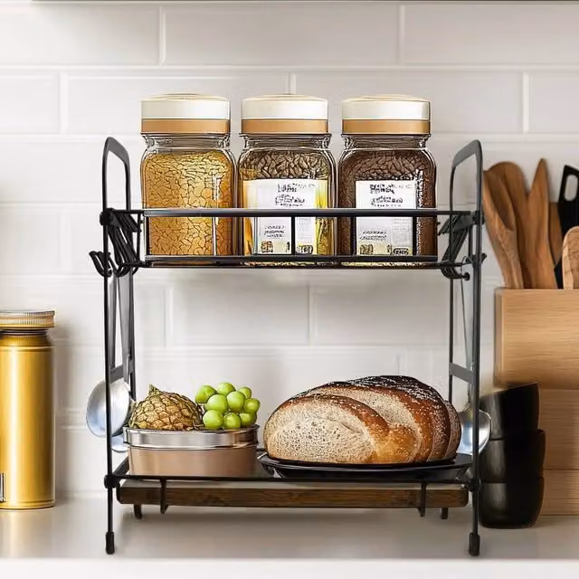 KORVIXA Brown Metal and Wood Freestanding Coffee Mug Rack with Shelf