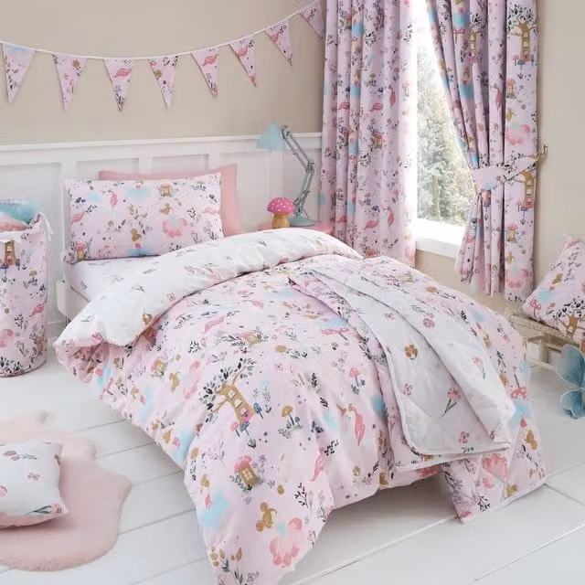 Happy Linen Company Reversible Enchanted Forest Kids Duvet Cover and Pillowcase Set, Pink, Duvet Cover: 200 x 200 cm, Pillowcase: 50 x 75 cm