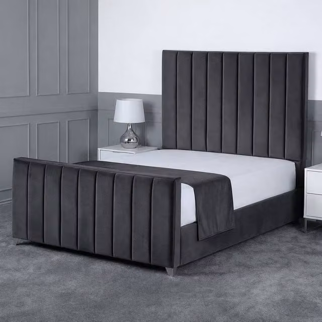 Living Comfort Bedz Empress Plush Velvet Upholstered Bed with Slatted Base and 48 Inch Headboard in Charcoal Grey King Size