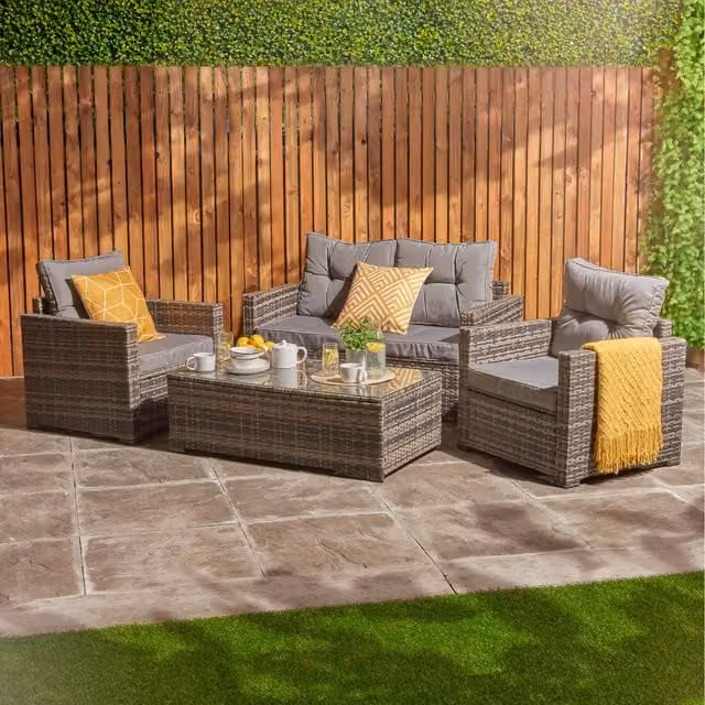 Home Treats 4 Seater Grey Rattan Garden Furniture Set with Upholstered UV-Resistant Cushions
