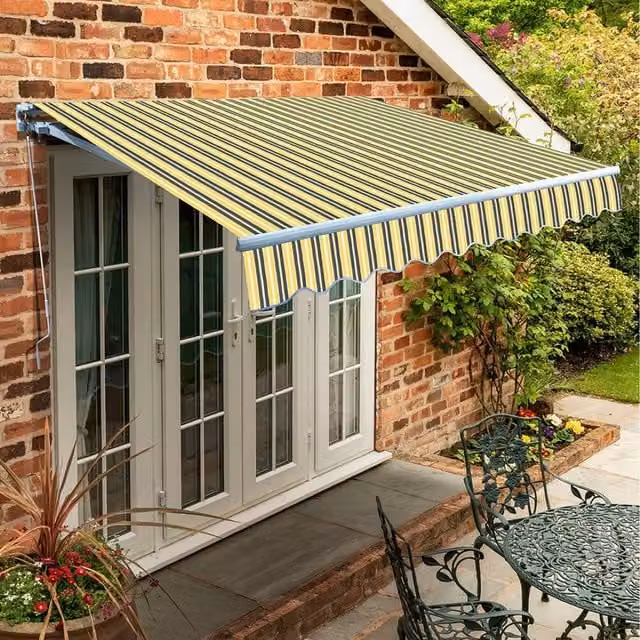 Primrose Manual Retractable Wall-Mounted Awning with Folding Arms in Yellow and Grey, W: 250 cm, D: 200 cm
