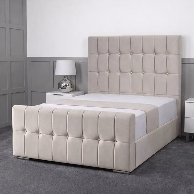 Living Comfort Bedz Belmont Plush Velvet Upholstered Bed with Slatted Base and 48 Inch Headboard in Light Grey, Small Double