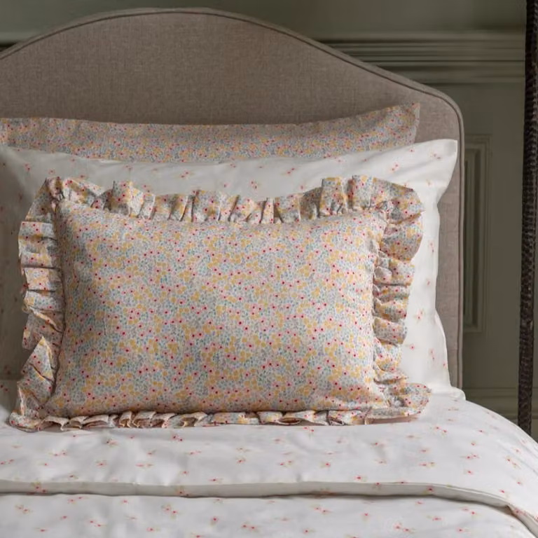 Avery Row Wildflower Garden Rectangle Linen Frill Cushion in Multicolour
