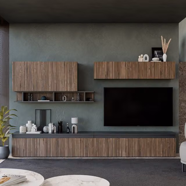 Decorotika Toronto Wall Mounted Modern Entertainment Center in Black and Brown Walnut Wood with Geometric Pattern