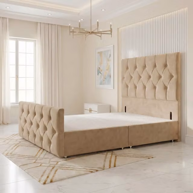 Somnior Beds Ltd Chesterfield Velvet Single Divan Bed Base in Beige with Drawers, 54 inch Floor Standing Headboard and 22 inch Footboard