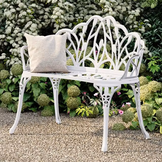Charles Bentley Tulip Art Nouveau 2-Seater Garden Bench in White Powder Coated Aluminium